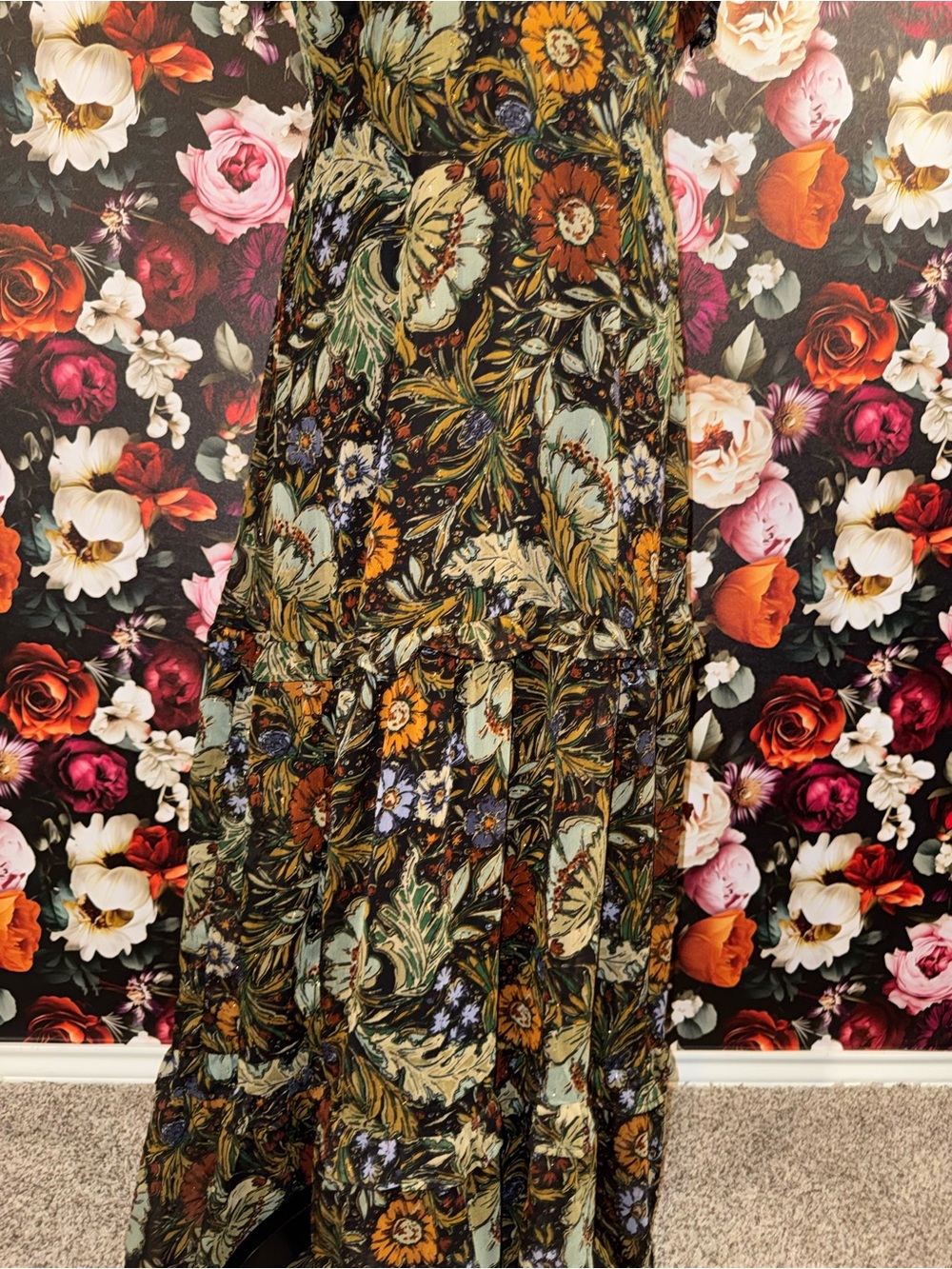 12th Tribe Black Floral Deep V-Neck Tiered Maxi Dress, Large, NWT - Picture 12 of 15